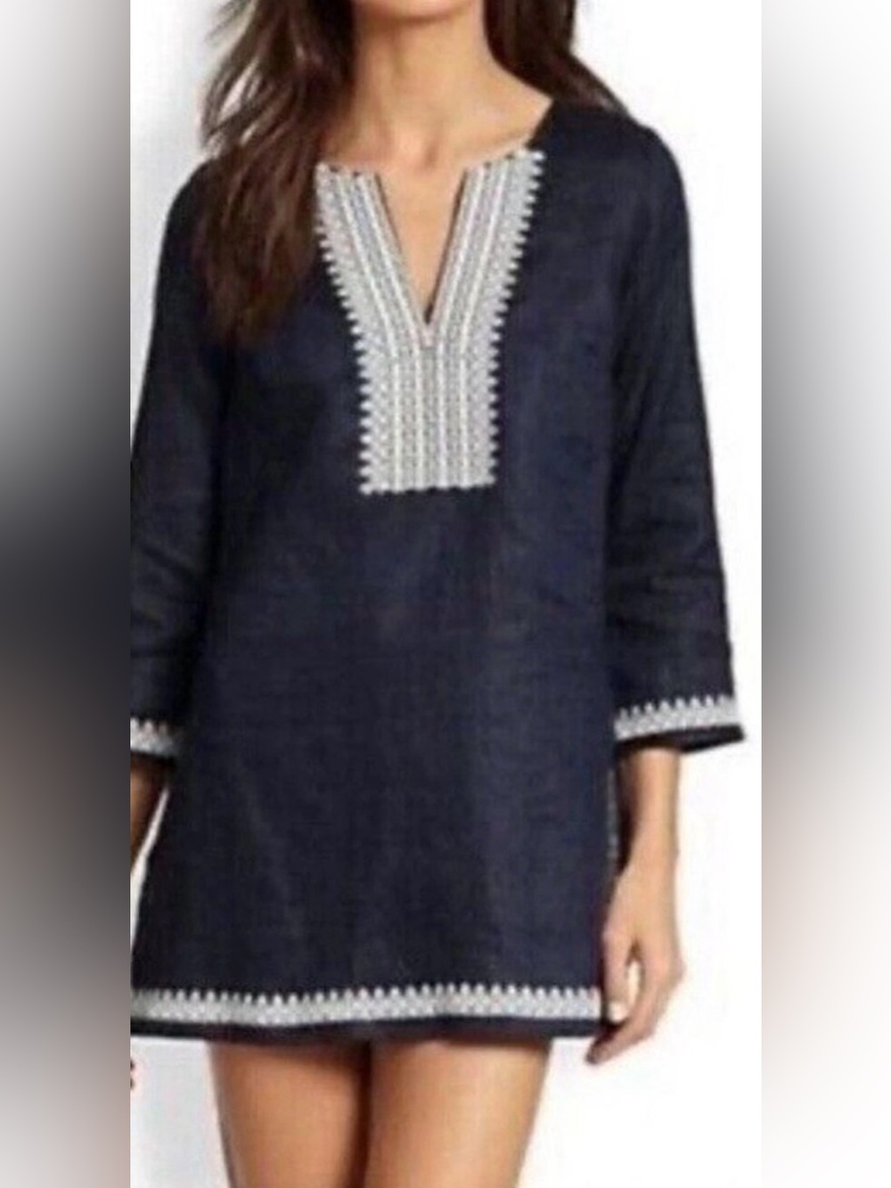 NWT Tory Burch Skye Ivory and Navy 100% Linen Tunic Women’s Size Small